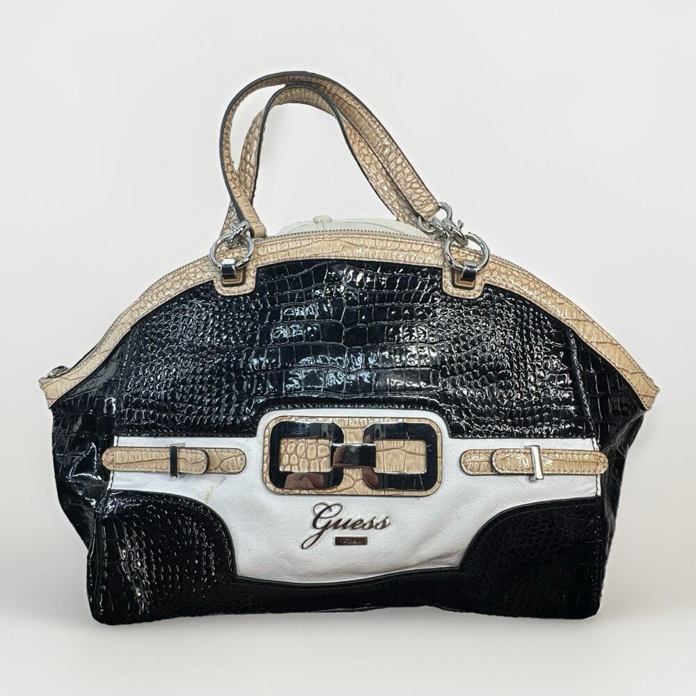GUESS Y2K Satchel Handbag Black Croc Embossed Beige Logo Buckle Purse